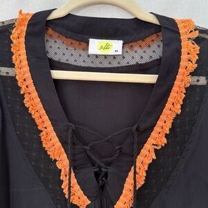 Black Bohemian Blouse with Beautiful Trim - M